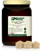 Glucose Assist Vanilla jug next to three scoops of powder