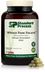 An image of a bottle of Whole Food Folate, next to 6 tablets. 