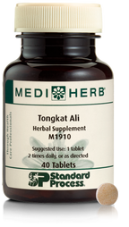 A bottle of MediHerb® Tongkat Ali, a testosterone support supplement for older men, next to a tablet of the supplement.